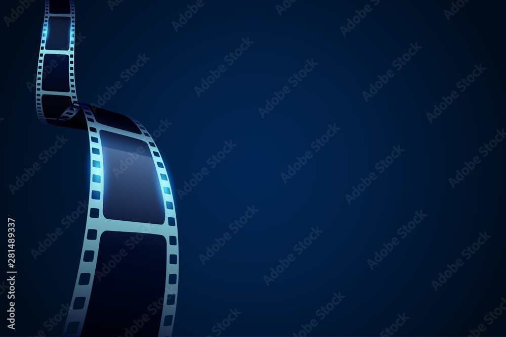 Modern realistic 3D cinema banner with film stripe roll. Festival leaflet or banner template with sample text. Cinema poster design template. Movie time background for flyer, tickets, advertising