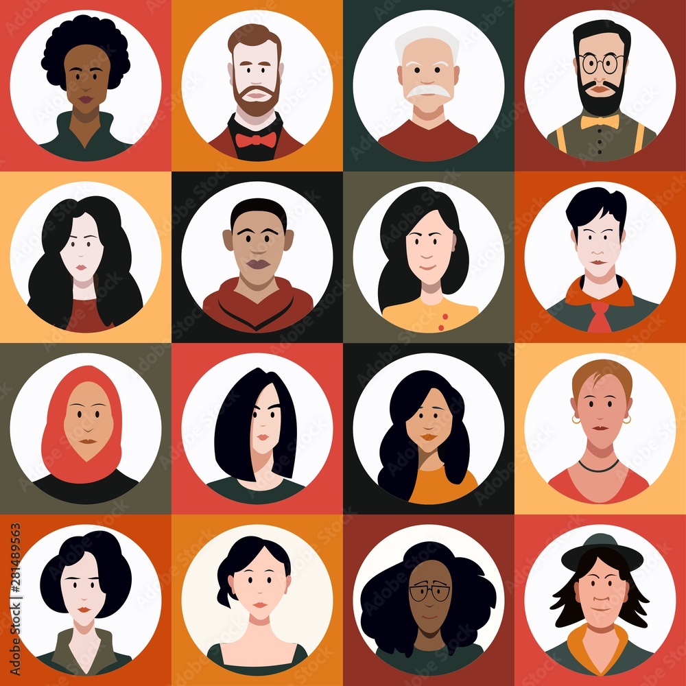 People of different races and ages Avatar Set Vector. Man, Woman. People User Person. Trendy Image.  Cheerful Worker Avatar. Round Portrait.  Flat Cartoon Character Illustration