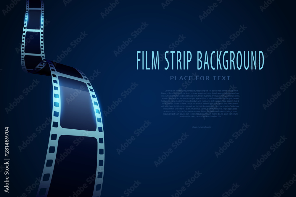 Fototapeta premium Cinema film roll isolated on blue background. Modern 3d realistic film strip. Cinema festival banner or flyer template for your design. Template can be used for advertising, brochure, leaflet
