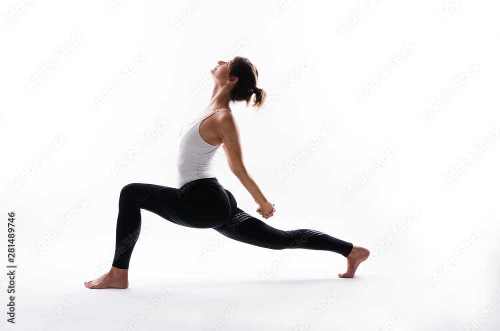Yoga poses on white background, copy space
