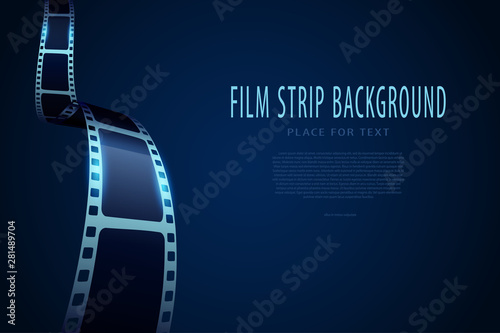 Cinema film roll isolated on blue background. Modern 3d realistic film strip. Cinema festival banner or flyer template for your design. Template can be used for advertising, brochure, leaflet