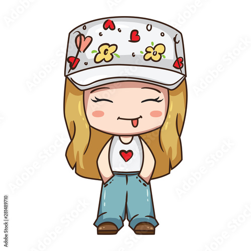 Vector Illustration Of Cute Chibi Character Cartoon Girl In Blue Jeans White T Shirt And Hat With Flower Print Stock Vector Adobe Stock
