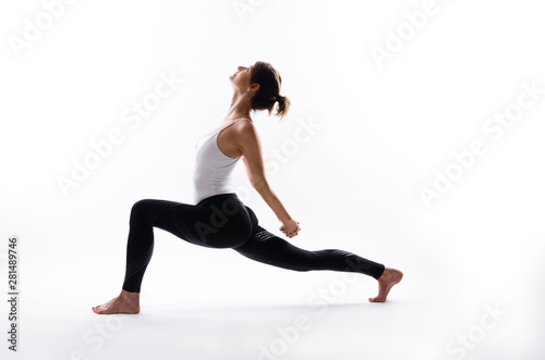 Yoga poses on white background, copy space