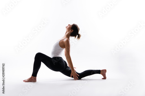 Yoga poses on white background, copy space