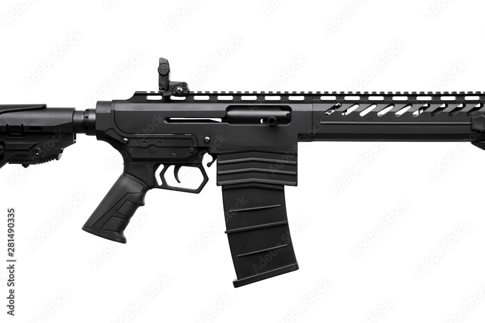 Modern semi-automatic tactical shotgun isolate on white background. Modern weapons on a light background. Modern semi-automatic tactical shotgun isolate on white background. Modern weapons on a light background.