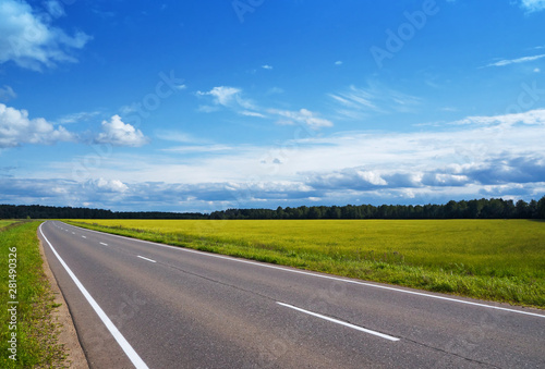 Empty asphalt road in the countryside going through the fields, forest in the background. Sunny summer day, blue sky with white clouds. View from left side