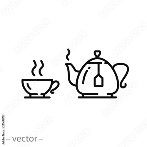 teapot and cup icon, tea pot, pour cup of kettle, thin line symbol for web and mobile phone on white background - editable stroke vector illustration eps 10