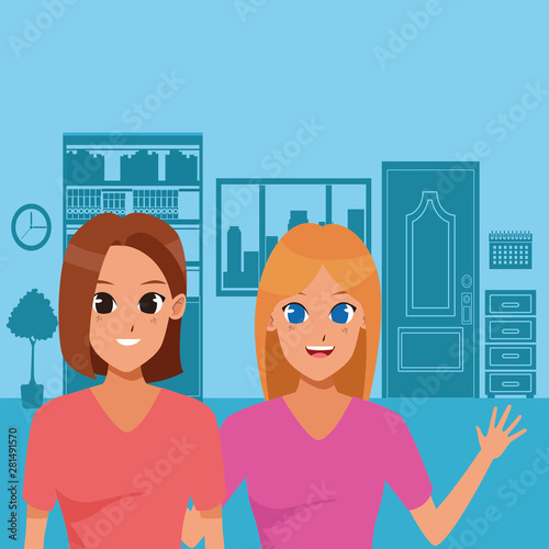 Two young women friends smiling cartoons