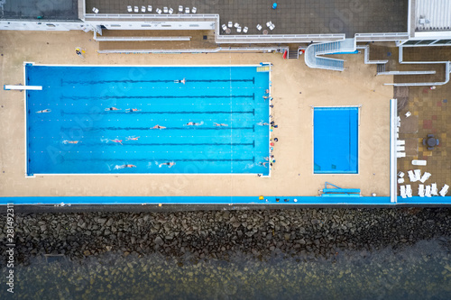 Gourock outdoor open air swimming pool starts lessons for senior elderly and disabled swimmers aerial view from above photo