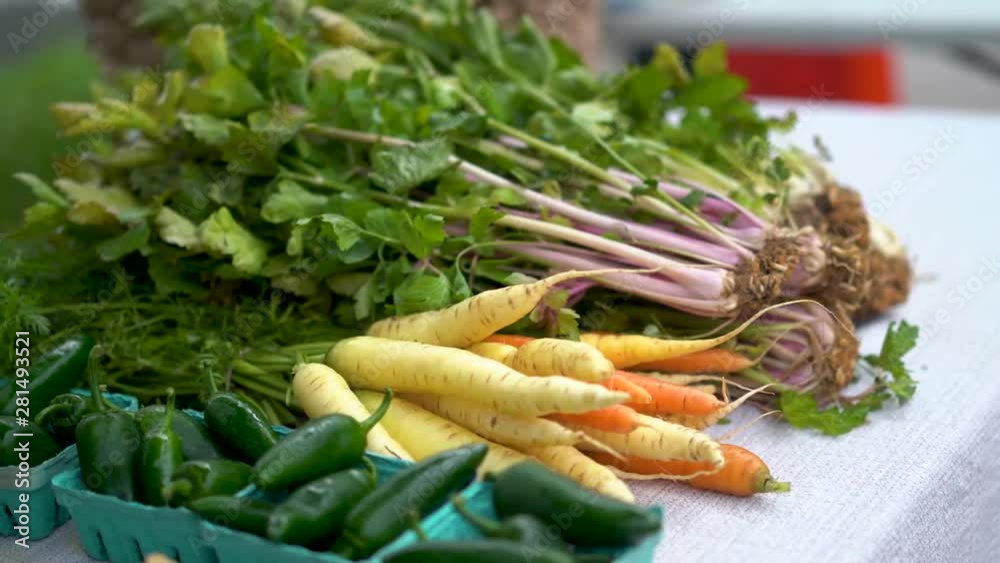Fresh carrots, jalapeño peppers and celery at an outdoor famers market. Fresh carrots, jalapeño peppers and celery at an outdoor famers market.
