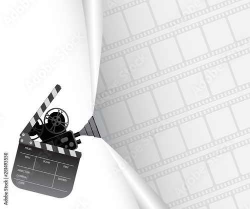Silhouette old camera and clapper board isolated on wallpaper with film strip. Cinema festival poster or banner background for your design. Movie and film template in retro color.Entertainment concept