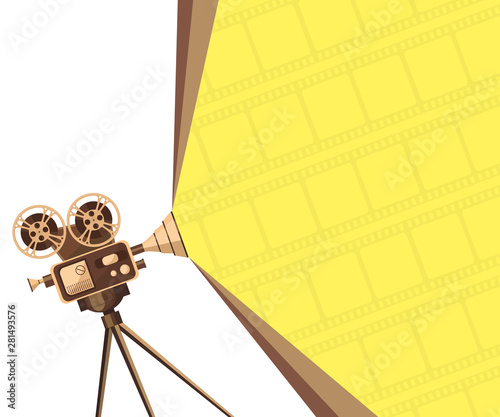 Old vintage camcorder on tripod and cinema tape isolated on yellow background. Vector template banner for cinema festival. Film cinema poster design with sample for your text.Movie time art background