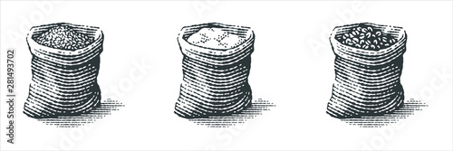 Flour, malt and coffee beans in burlap bag with bunch of dry ears. Hand drawn engraving style illustrations.