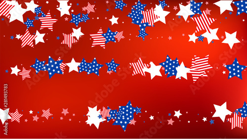 Colors of American Flag: Red, Blue and White.  Abstract Background with Many Falling Stars Confetti on Red Backdrop. 
 Banner, Greeting Card. Vector Stars Background with Colors of American Flag.