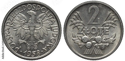 Poland Polish aluminum coin 2 two zlote 1958, country name surrounds eagle, denomination above crossed grain stalks and bunch of fruits,