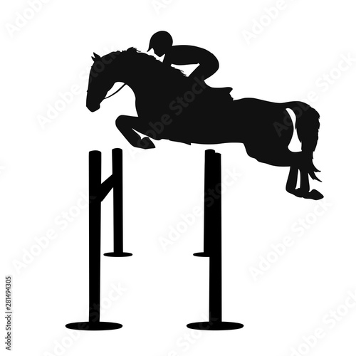 Silhouette of a rider and horse jump over obstacle