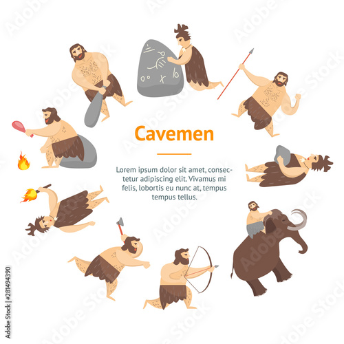 Cartoon Characters Caveman Cute People Banner Card Circle. Vector