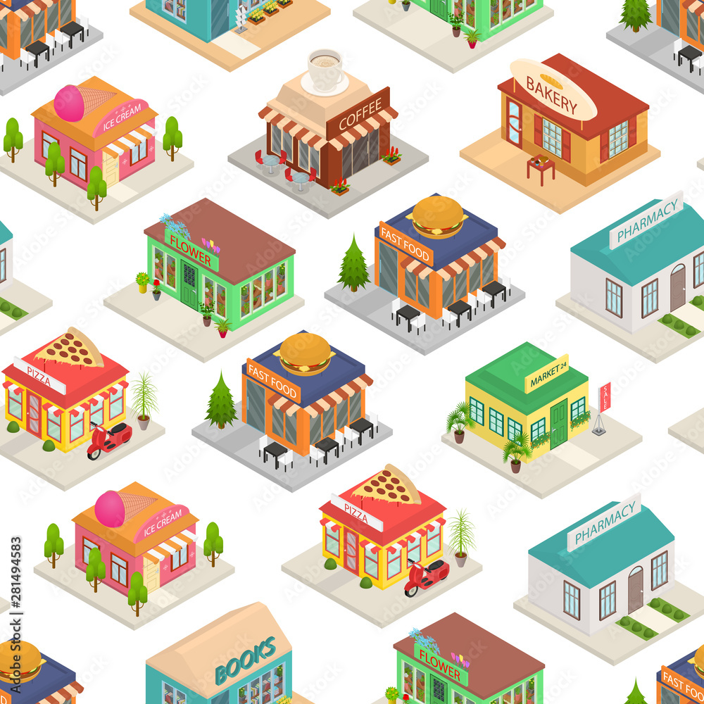 Commercial City Shops Signs 3d Seamless Pattern Background Isometric View. Vector