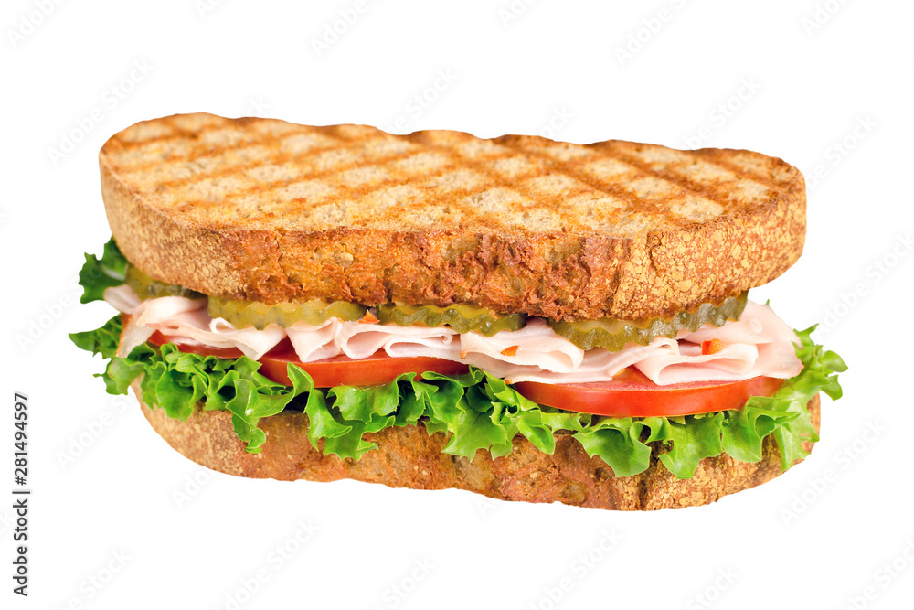 handmade tasty turkey sandwich with tomato, salad and cucumber, isolated on white handmade tasty turkey sandwich with tomato, salad and cucumber, isolated on white