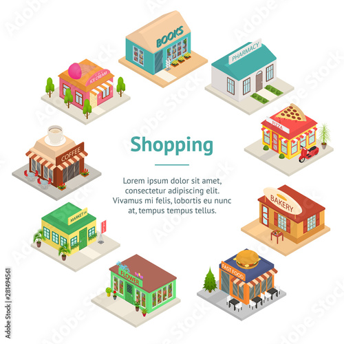 Commercial City Shops Signs 3d Banner Card Circle Isometric View. Vector