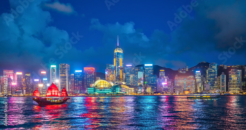 Panoramic view of Victoria Harbor and Hong Kong skyline photo