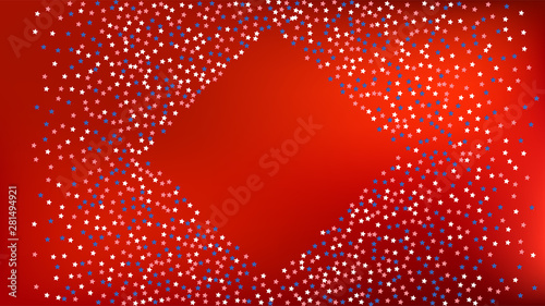 Colors of American Flag: Red, Blue and White. Banner, Greeting Card.  Abstract Background with Many Falling Stars Confetti on Red Backdrop. 
 Vector Stars Background with Colors of American Flag.