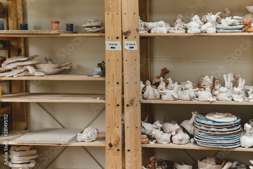 ceramic items are on the shelf