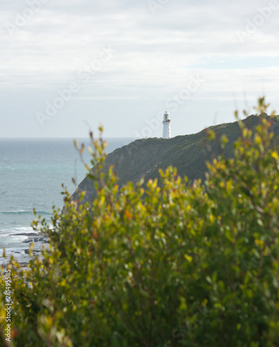 The Cape Otway Lighthouse on the shore at the Great Ocean Road in Australia