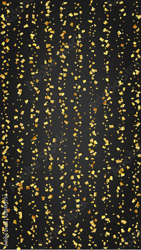 Golden Confetti Falling on Black Backdrop. Holiday Decoration Elements on Universal Background. Trendy Modern Luxury Template. Festive Pattern. Vector Background with Many Golden Confetti.