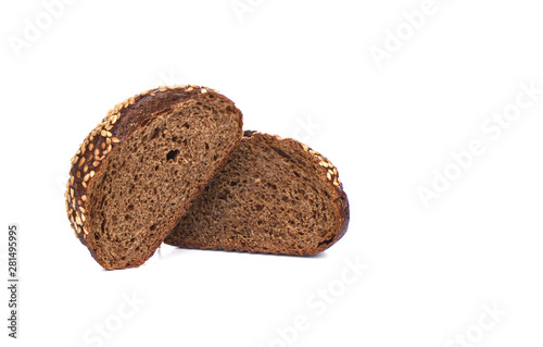 Malted bread with sesame isolated on white background. Sliced bread.