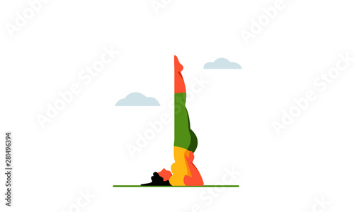 Shoulder stand yoga woman vector illustration. Curvy young woman standing in Sarvangasana pose while doing outdoor yoga. Flat female character isolated on white.