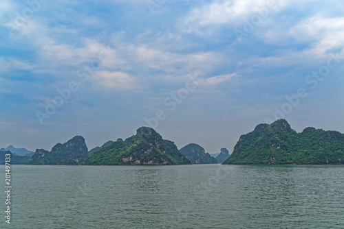 Panorama of green island in Halong bay, Vietnam