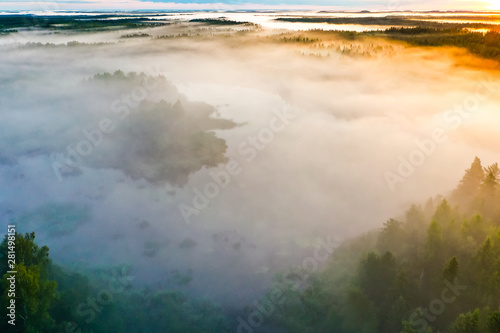 Thick fog concept. Humidity in national lake park, aerial landscape. Ecology concept