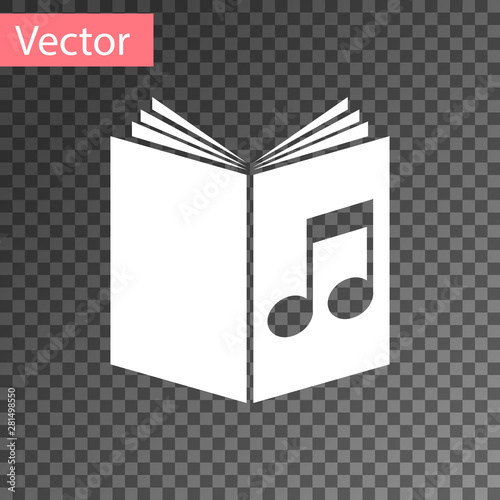 White Audio book icon isolated on transparent background. Musical note with book. Audio guide sign. Online learning concept. Vector Illustration