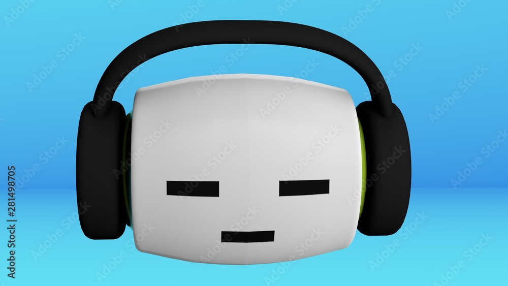 3D rendering of the head of a male robot. The head is listening the music. Blue background 3D rendering of the head of a male robot. The head is listening the music. Blue background