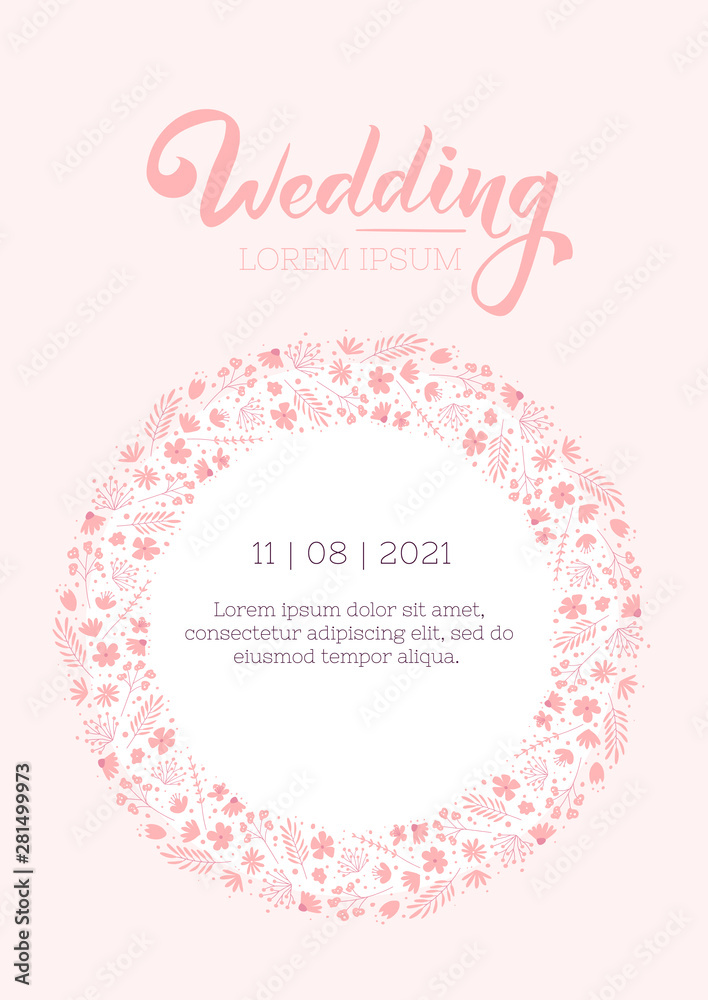 Wedding invitation cute design template. Floral flyer layout