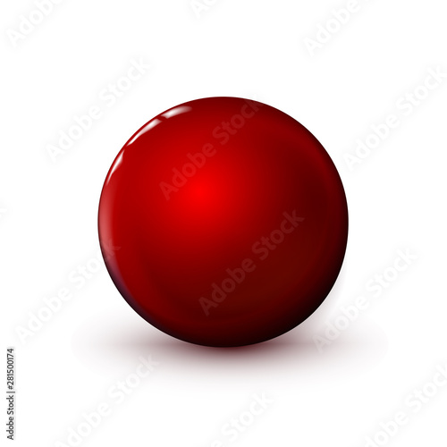 Red glossy sphere, polished ball. Mock up of clean round the realistic object, glassy orb icon. Geometric design simple shape, smooth circle form. Isolated on white background, vector illustration