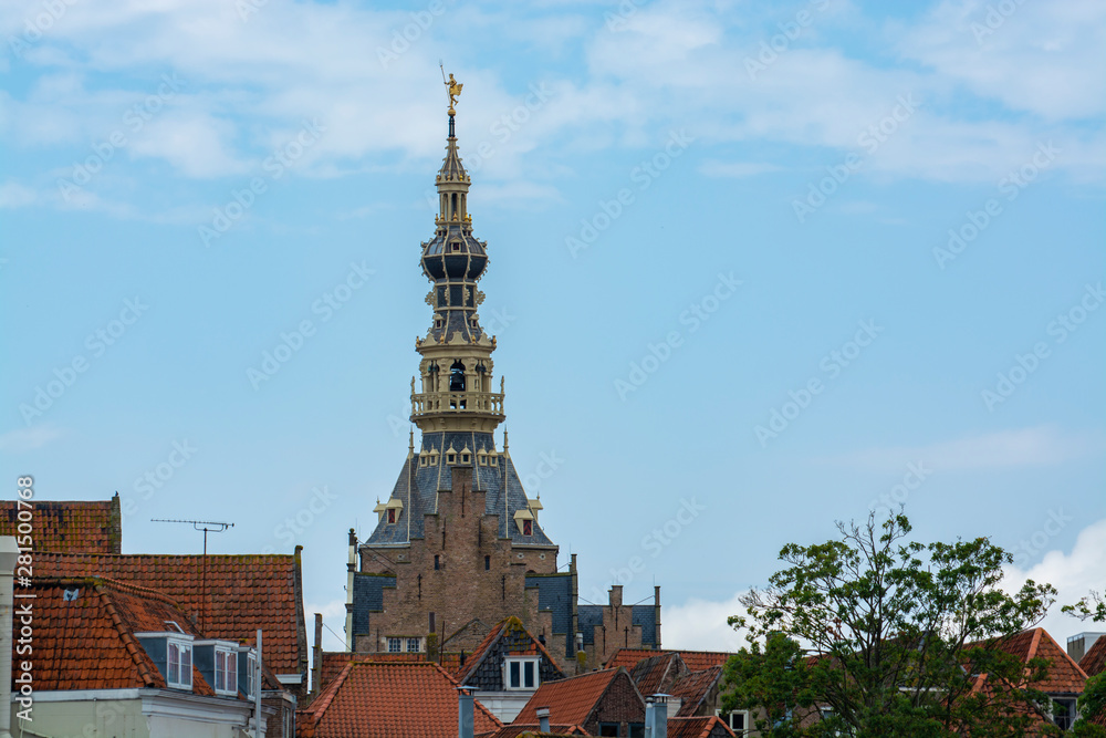 View on old Dutch houses and church tower in Zierikzee, historical town in Zeeland, Netherlands