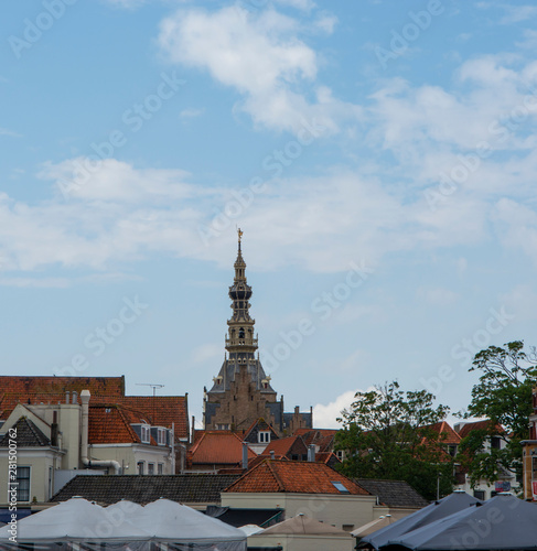 View on old Dutch houses and church tower in Zierikzee, historical town in Zeeland, Netherlands