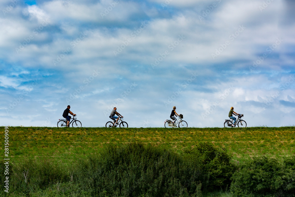 Four people riding on bicycles in sunny day in Netherlands