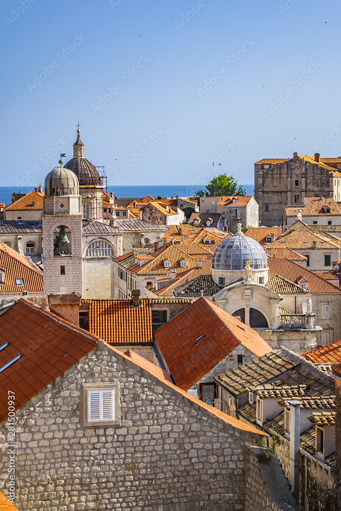 Fototapeta premium Orange-tiled roofs of the magnificent Old Town of Dubrovnik from the City Walls. Dubrovnik, Mediterranean, Croatia.