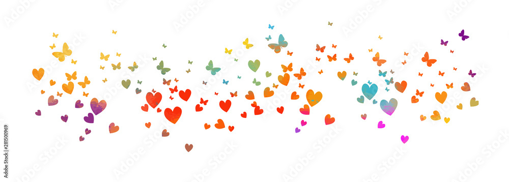 Many multicolored hearts with butterflies. Happy Valentine's Day. Vector illustration
