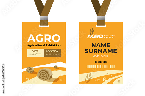 Vector template of ID card with strap. Identity card for agricultural exhibition or business conference. Illustration of farming with hayfield, haystack rolls. Agro logo. Two sided authentication pass