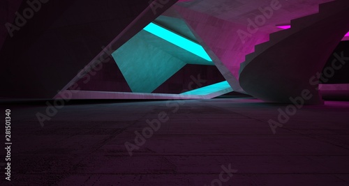 Abstract architectural concrete interior of a minimalist house with color gradient neon lighting. 3D illustration and rendering.