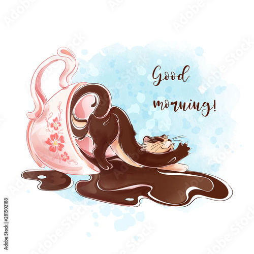 A happy coffee cat wakes up in the morning and comes out of a pink coffee cup. Wish good morning. Vector character drawn by hand with watercolor elements.