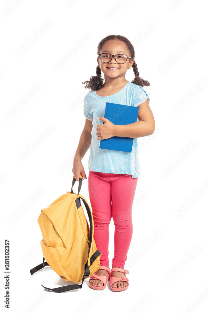 Adorable little African-American schoolgirl on white background Adorable little African-American schoolgirl on white background