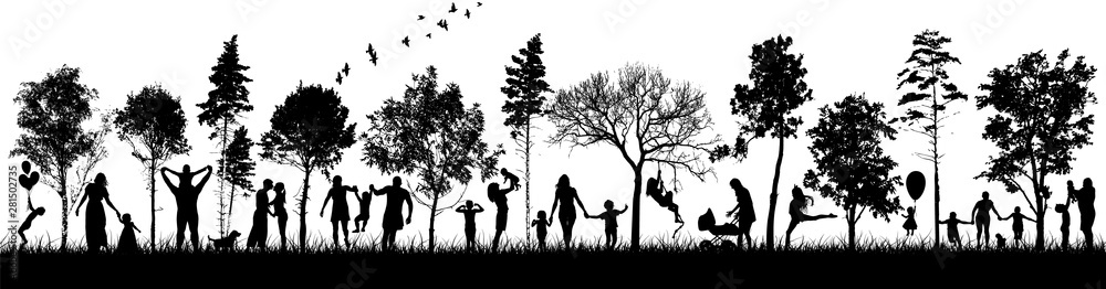 Silhouettes of people in nature. Happy families together. Vector - obrazy, fototapety, plakaty 