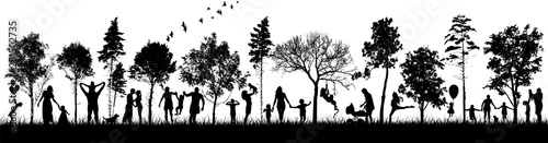 Silhouettes of people in nature. Happy families together. Vector