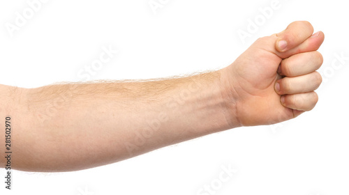 thumb between the index and middle fingers, hand on a white background, isolate.