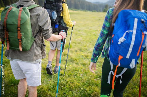 Gorup of friends climbing up hill, with backpacks and climbing stick photo